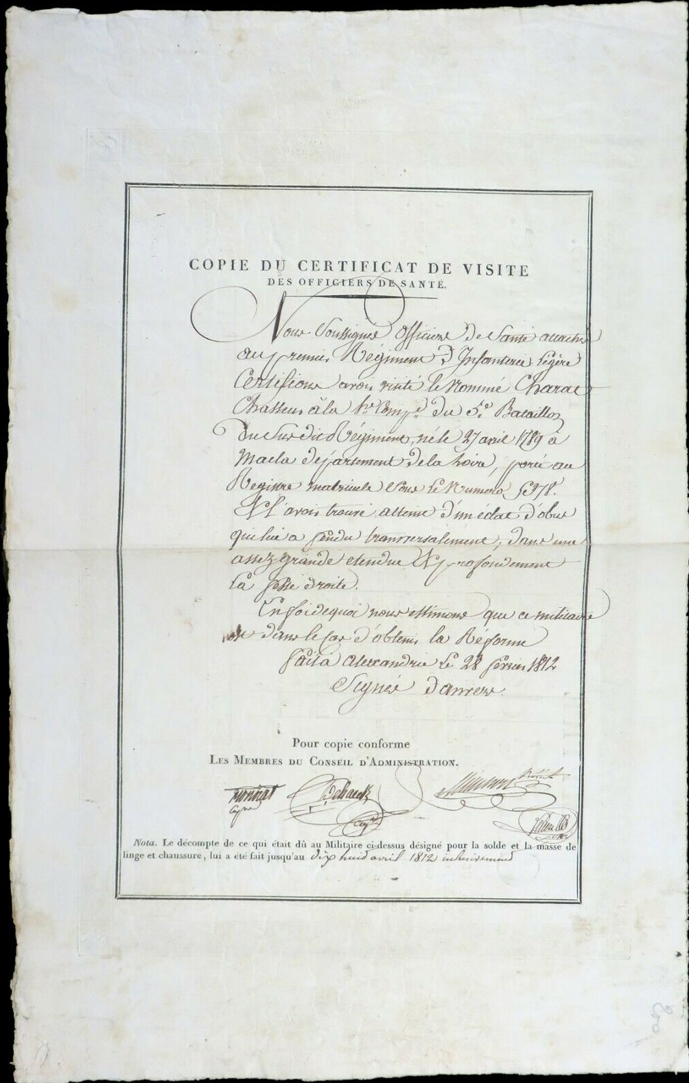 Certificat 1er Lger 1812
